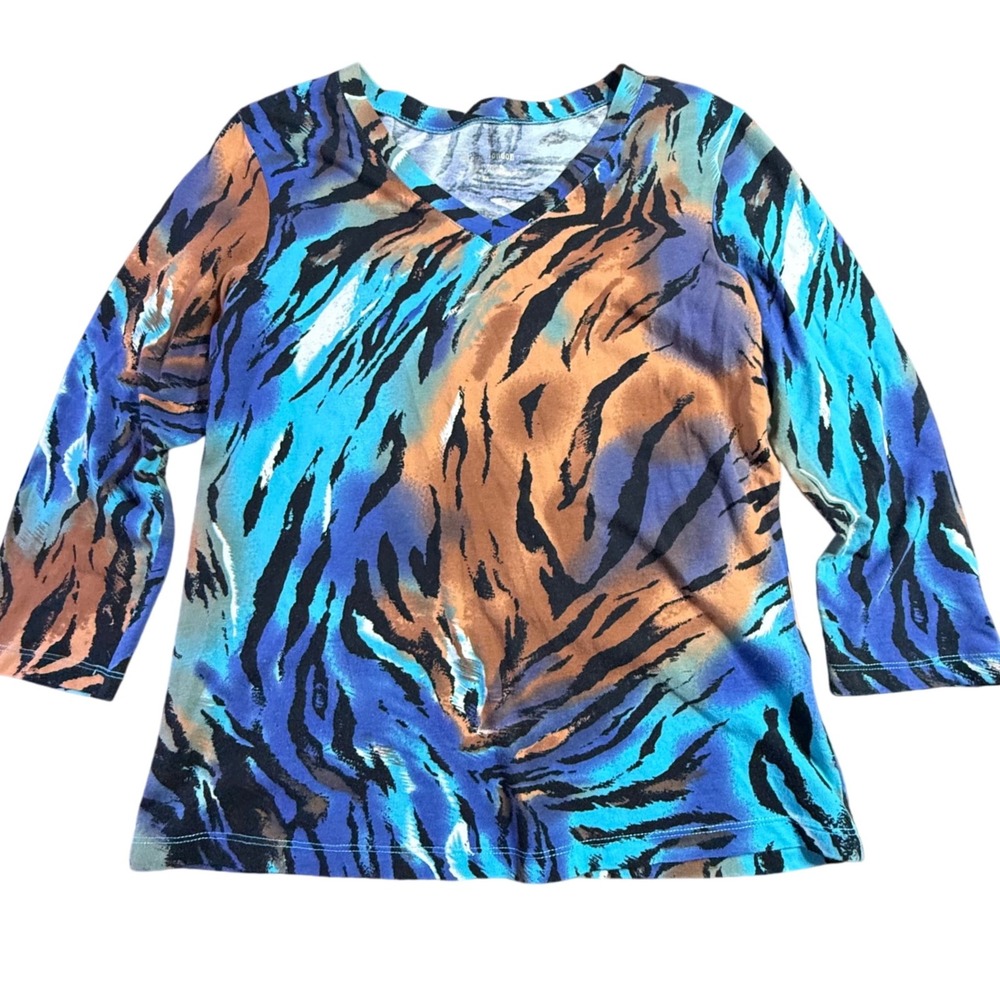 Erin London Animal Print Top V-Neck Long Sleeve Casual Shirt Size M